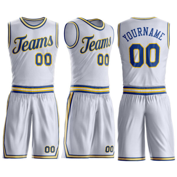 Custom White Royal-Gold Round Neck Suit Basketball Jersey