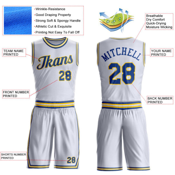 Custom White Royal-Gold Round Neck Suit Basketball Jersey