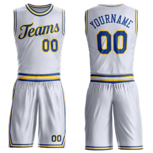 BSuit0478 Custom White Royal-Gold Round Neck Suit Basketball Jersey