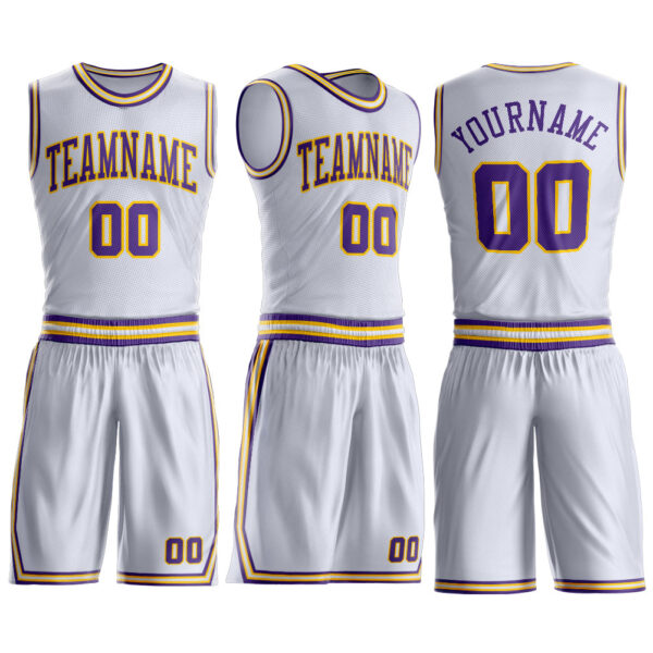 Custom White Purple-Gold Round Neck Suit Basketball Jersey