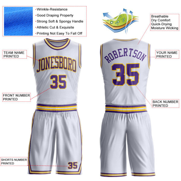 Custom White Purple-Gold Round Neck Suit Basketball Jersey