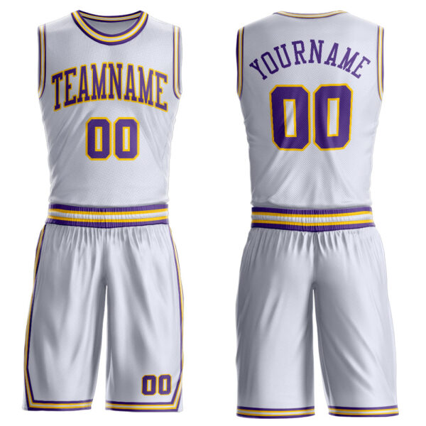 Custom White Purple-Gold Round Neck Suit Basketball Jersey