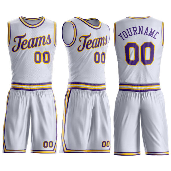 Custom White Purple-Gold Round Neck Suit Basketball Jersey