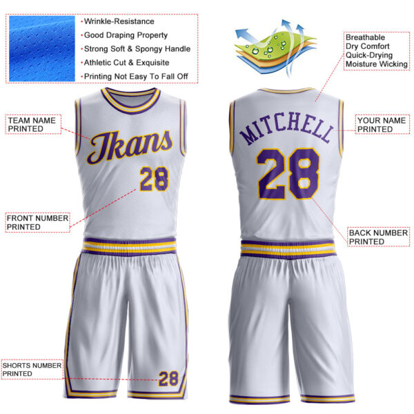 Custom White Purple-Gold Round Neck Suit Basketball Jersey