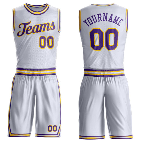 Custom White Purple-Gold Round Neck Suit Basketball Jersey