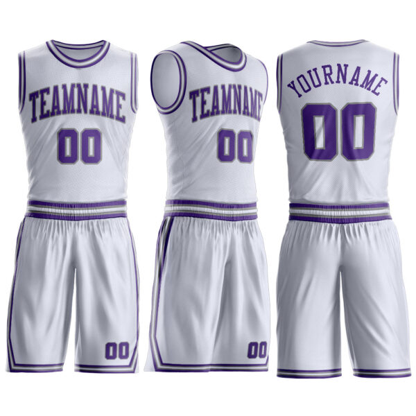 Custom White Purple-Gray Round Neck Suit Basketball Jersey
