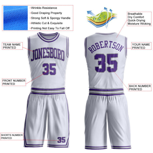 Custom White Purple-Gray Round Neck Suit Basketball Jersey