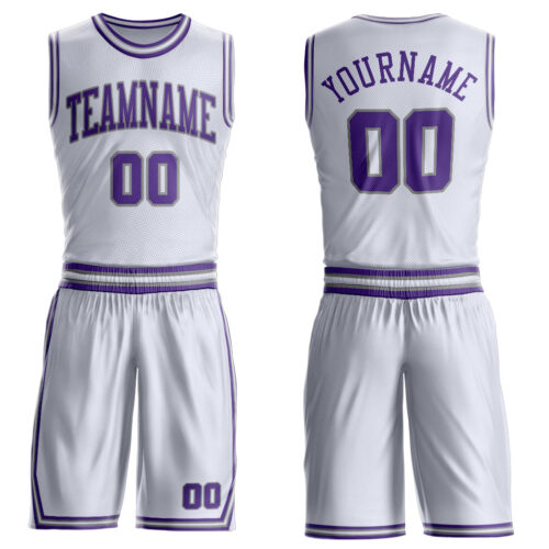BSuit0481 Custom White Purple-Gray Round Neck Suit Basketball Jersey