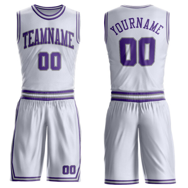 Custom White Purple-Gray Round Neck Suit Basketball Jersey