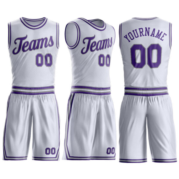Custom White Purple-Gray Round Neck Suit Basketball Jersey