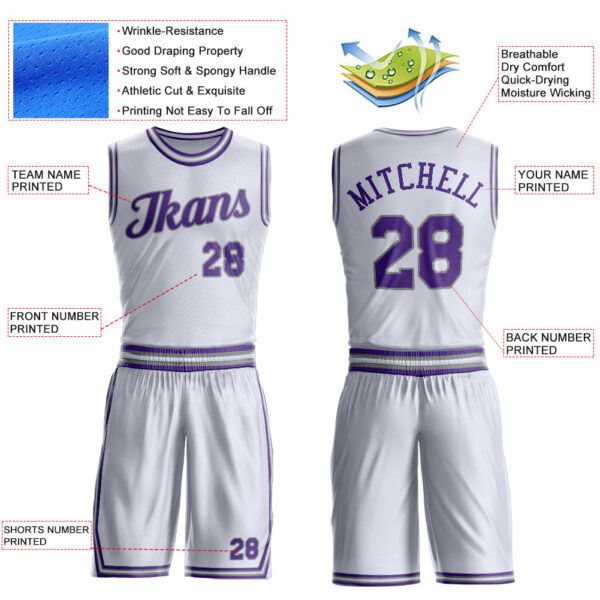 Custom White Purple-Gray Round Neck Suit Basketball Jersey