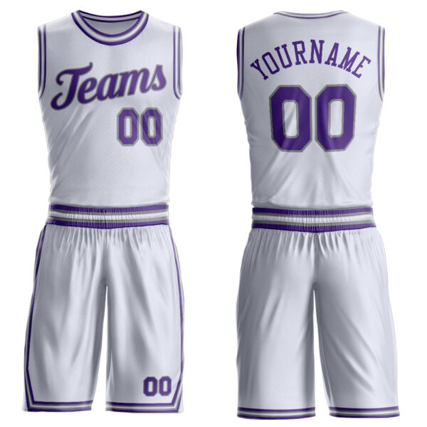 Custom White Purple-Gray Round Neck Suit Basketball Jersey