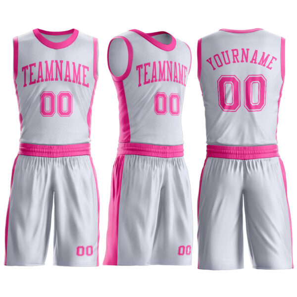Custom White Pink Round Neck Suit Basketball Jersey