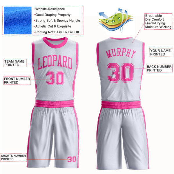 Custom White Pink Round Neck Suit Basketball Jersey