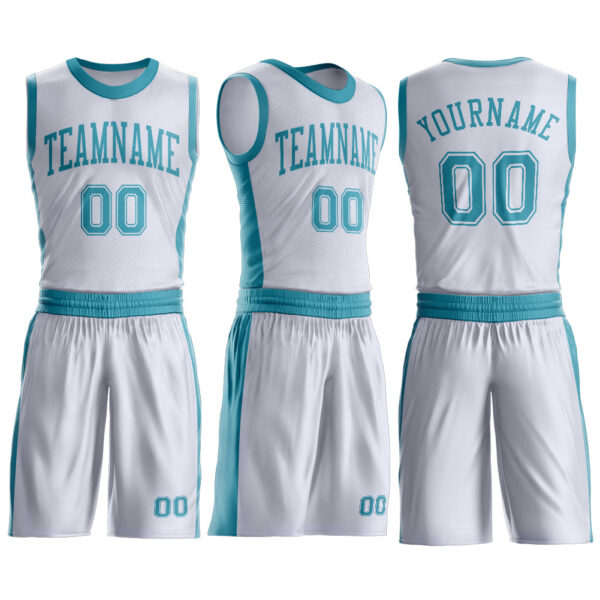 Custom White Teal Round Neck Suit Basketball Jersey