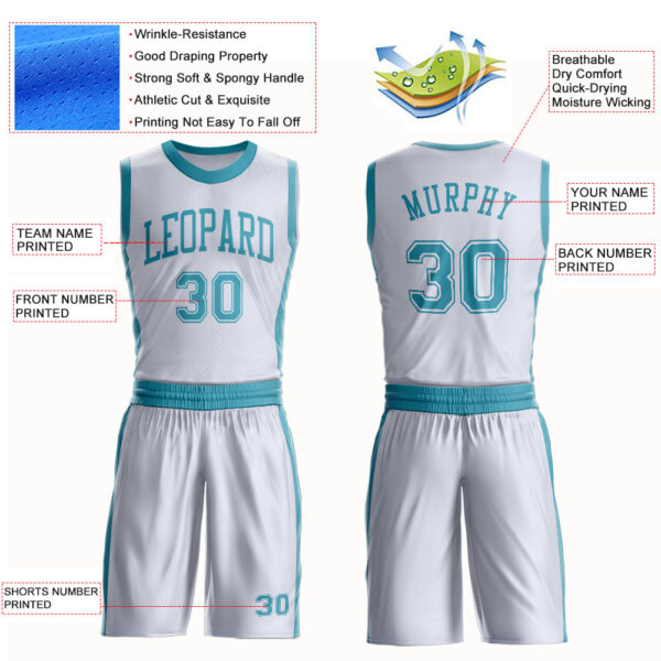 Custom White Teal Round Neck Suit Basketball Jersey