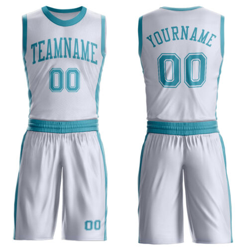 Custom White Teal Round Neck Suit Basketball Jersey