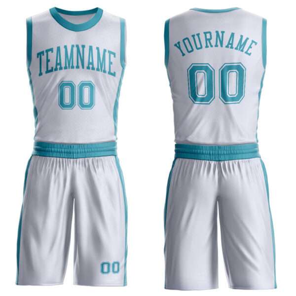 Custom White Teal Round Neck Suit Basketball Jersey