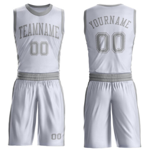 BSuit0493 Custom White Gray Round Neck Suit Basketball Jersey