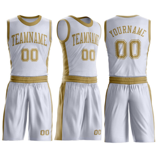 Custom White Old Gold Round Neck Suit Basketball Jersey