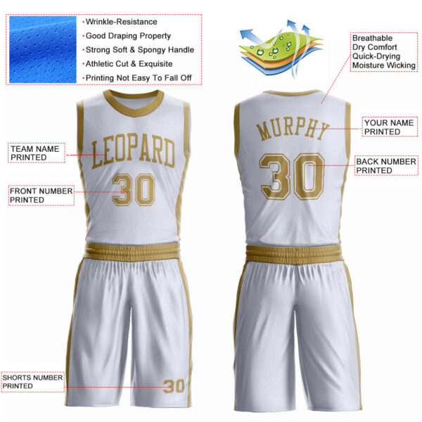 Custom White Old Gold Round Neck Suit Basketball Jersey