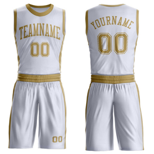 Custom White Old Gold Round Neck Suit Basketball Jersey