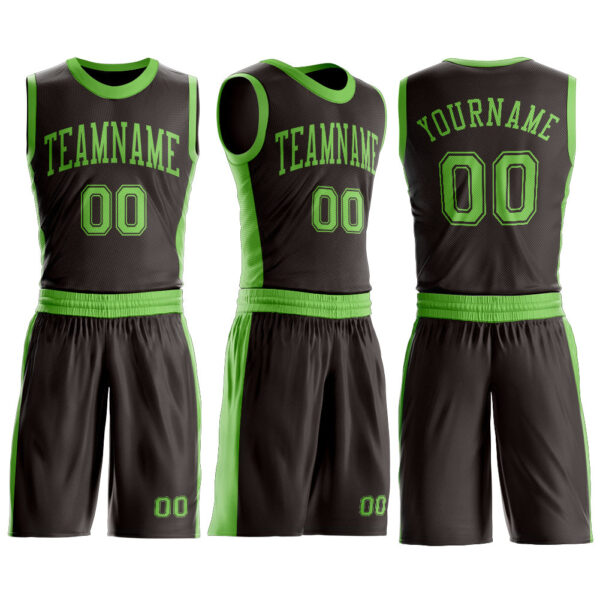 Custom Brown Neon Green Round Neck Suit Basketball Jersey
