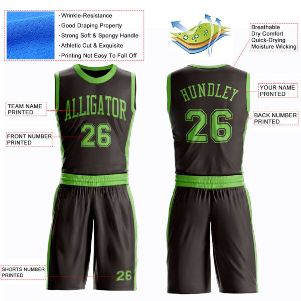 Custom Brown Neon Green Round Neck Suit Basketball Jersey