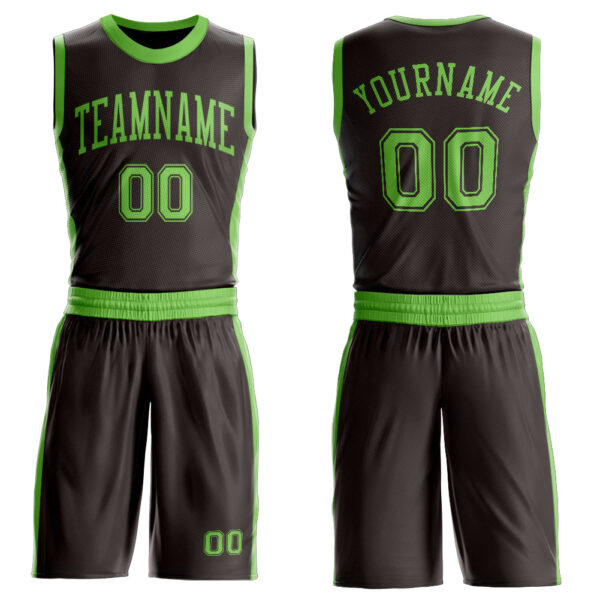 Custom Brown Neon Green Round Neck Suit Basketball Jersey