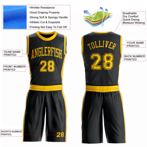 Custom Black Gold Round Neck Suit Basketball Jersey