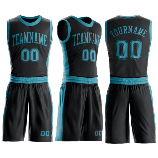 Custom Black Teal Round Neck Suit Basketball Jersey