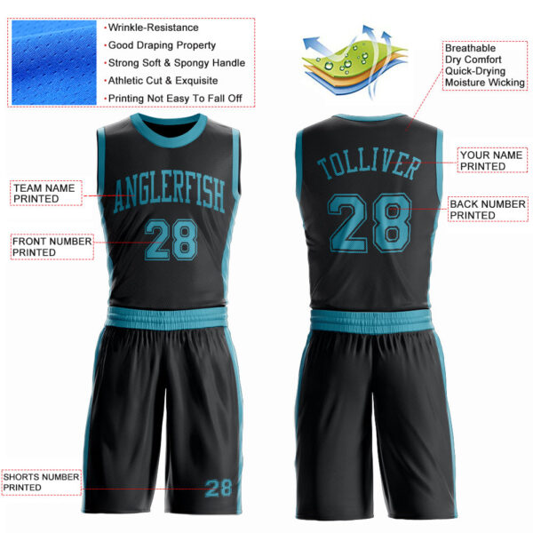 Custom Black Teal Round Neck Suit Basketball Jersey