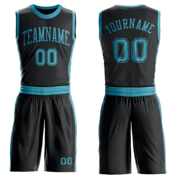 Custom Black Teal Round Neck Suit Basketball Jersey