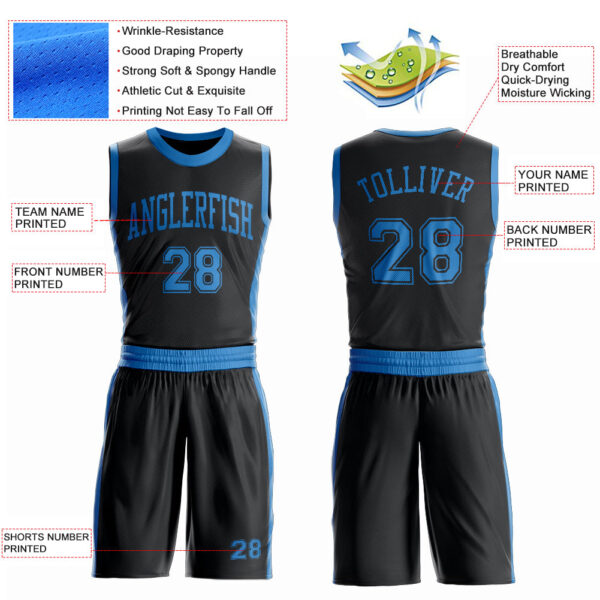 Custom Black Blue Round Neck Suit Basketball Jersey