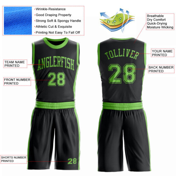Custom Black Neon Green Round Neck Suit Basketball Jersey