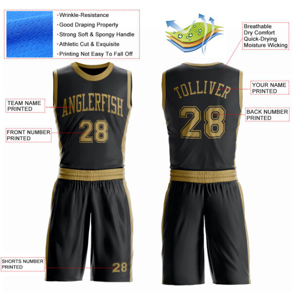 Custom Black Old Gold Round Neck Suit Basketball Jersey
