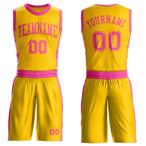 Custom Gold Pink Round Neck Suit Basketball Jersey
