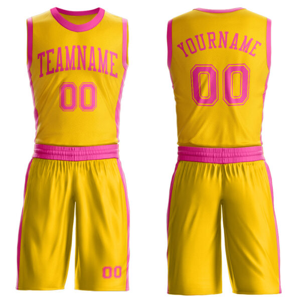 Custom Gold Pink Round Neck Suit Basketball Jersey