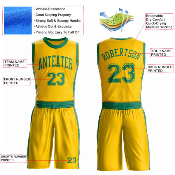 Custom Gold Kelly Green Round Neck Suit Basketball Jersey
