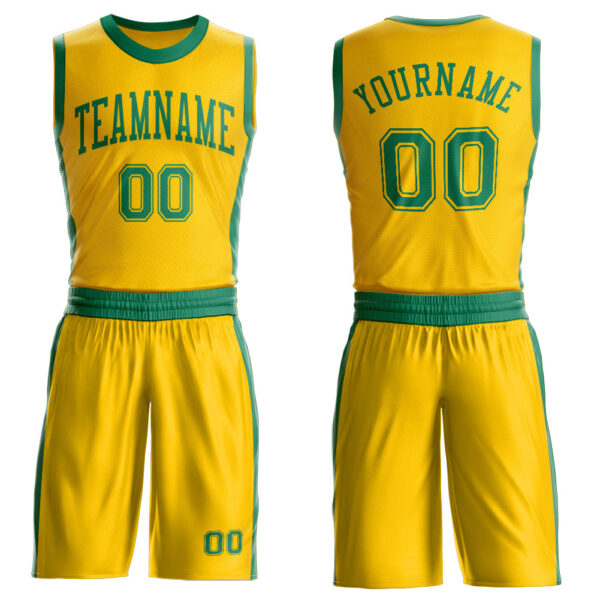 Custom Gold Kelly Green Round Neck Suit Basketball Jersey