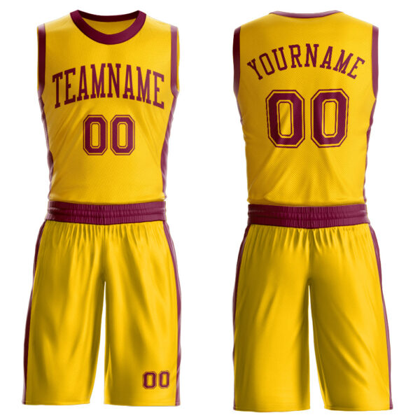 Custom Gold Maroon Round Neck Suit Basketball Jersey