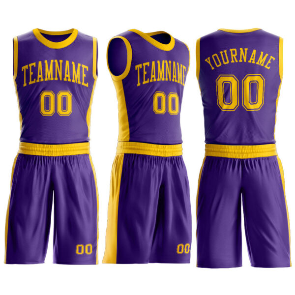 Custom Purple Gold Round Neck Suit Basketball Jersey