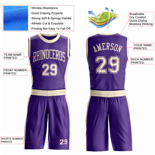 Custom Purple Cream Round Neck Suit Basketball Jersey