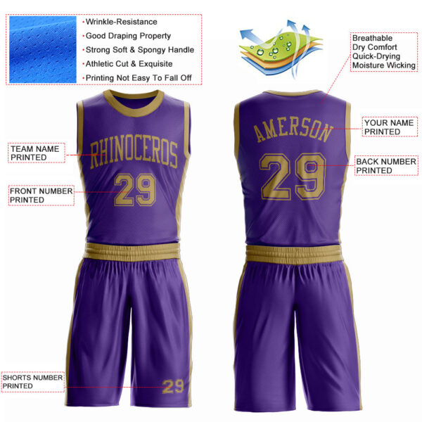 Custom Purple Old Gold Round Neck Suit Basketball Jersey