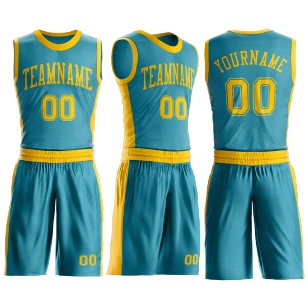 Custom Teal Gold Round Neck Suit Basketball Jersey