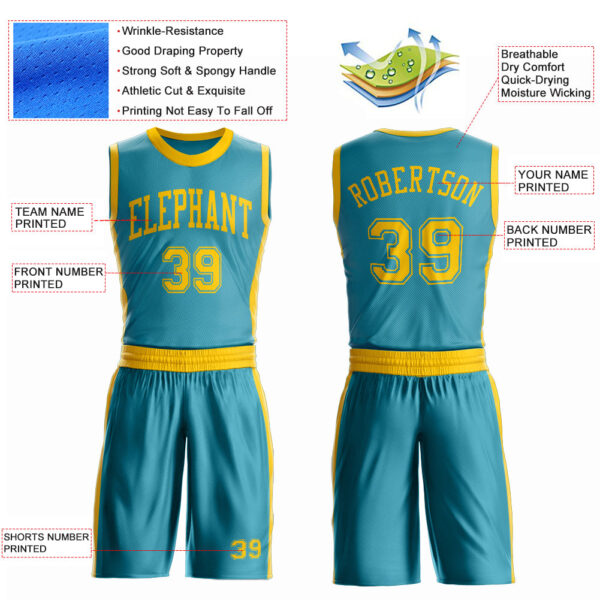 Custom Teal Gold Round Neck Suit Basketball Jersey
