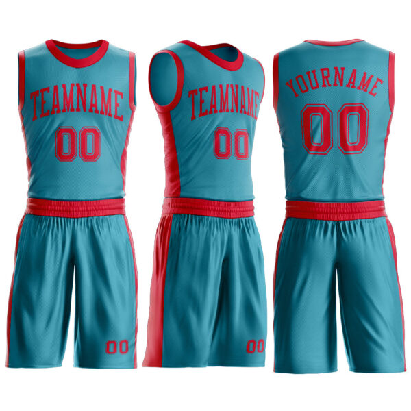 Custom Teal Red Round Neck Suit Basketball Jersey