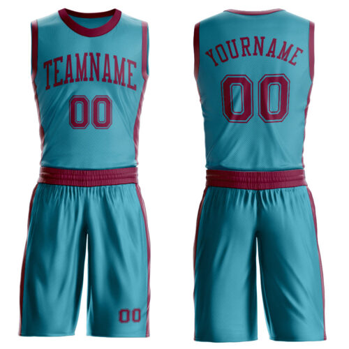 BSuit0572 Custom Teal Maroon Round Neck Suit Basketball Jersey