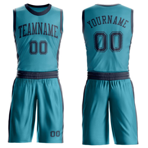 BSuit0574 Custom Teal Navy Round Neck Suit Basketball Jersey