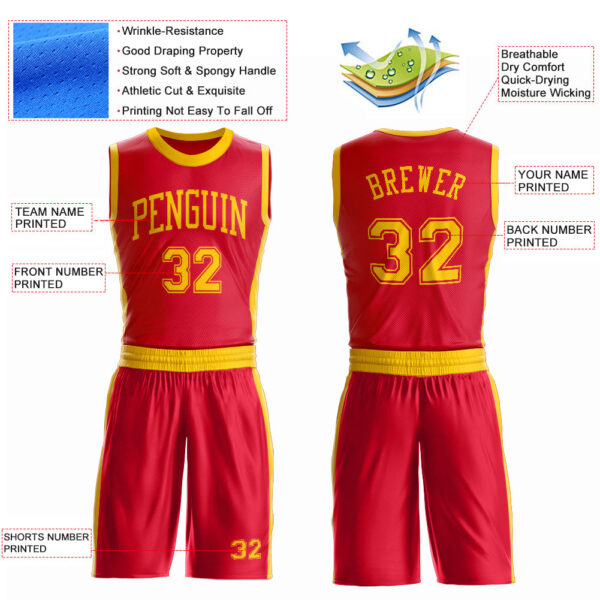 Custom Red Gold Round Neck Suit Basketball Jersey